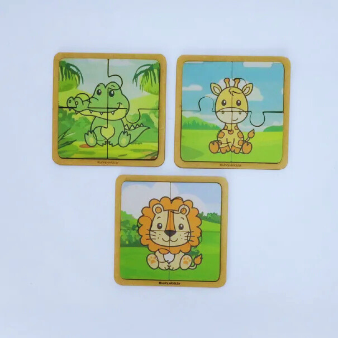 Combo Quebra-Cabeça 4 peças: 3 unidades (Girafa, Jacaré e Leão)