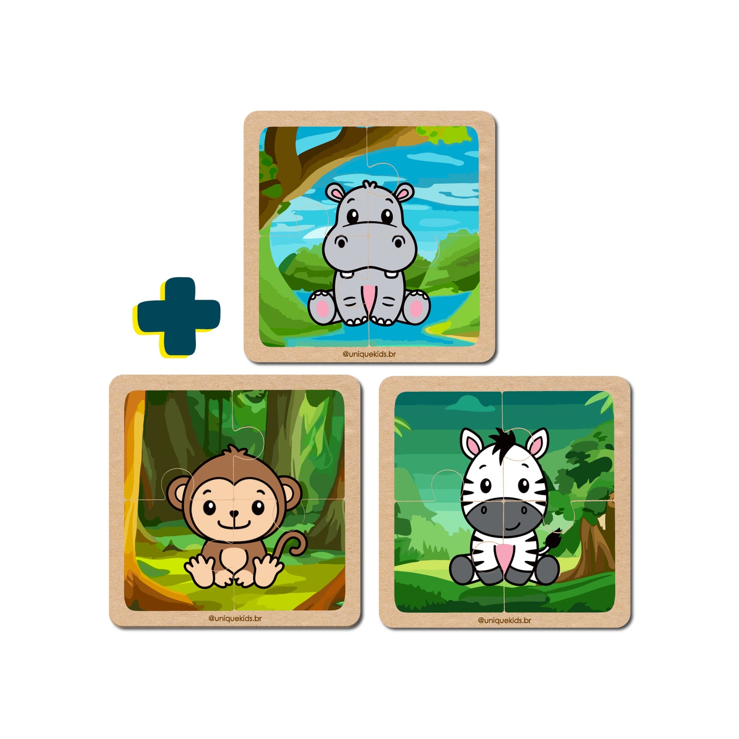Combo Quebra-Cabeça 4 peças: 3 unidades (Hipopótamo, Macaco e Zebra)