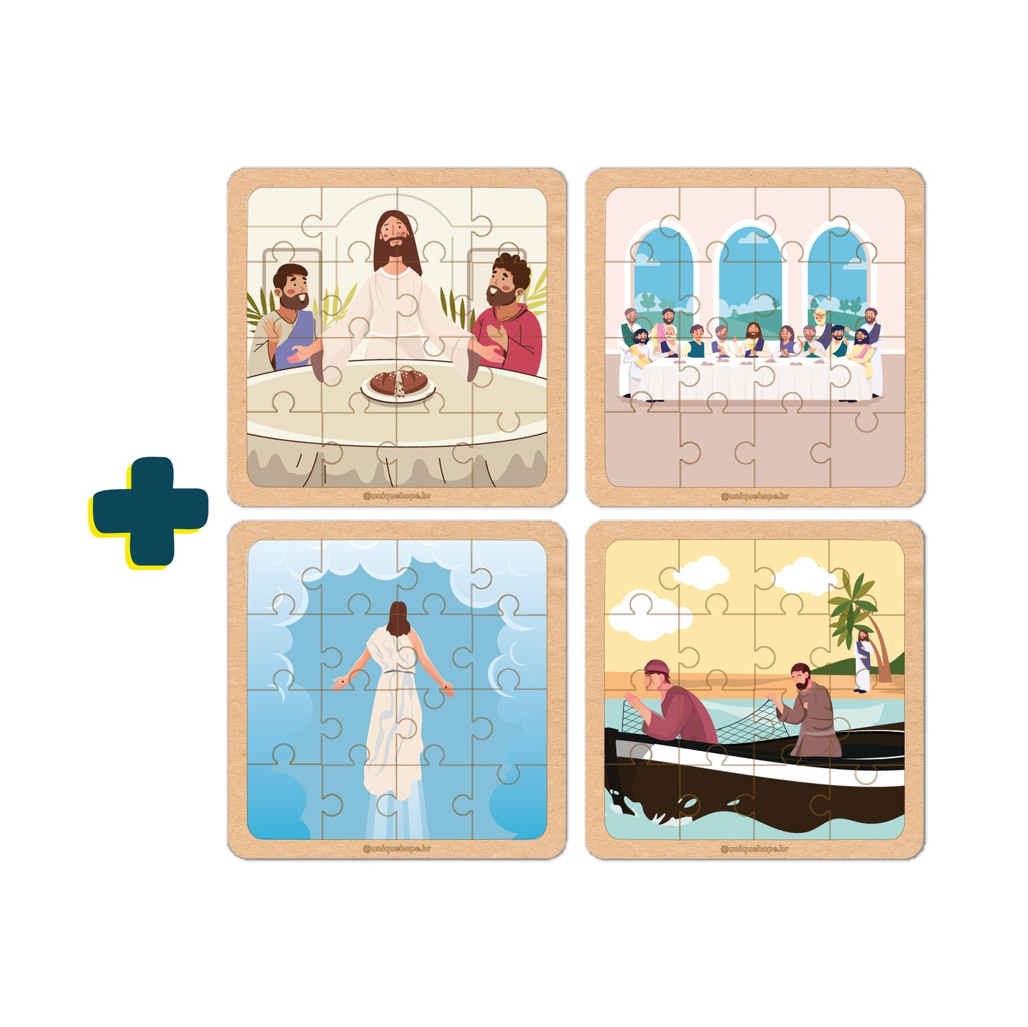 Combo Quebra-cabeça 16 peças: 4 unidades (A Santa Ceia, Ressurreição de Jesus, Pesca Milagrosa e Dividindo o pão)