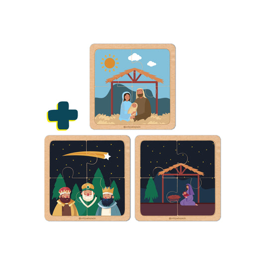 Combo: Quebra-cabeça 4 peças: 3 unidades (Sagrada Família, Manjedoura e Três Reis Magos)
