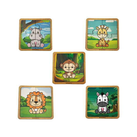 Combo Quebra-Cabeça 4 peças: 5 unidades (Hipopótamo, girafa, macaco, zebra e leão)