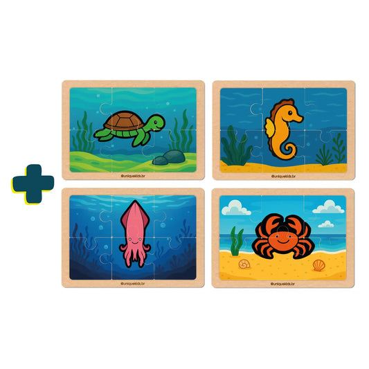 Combo quebra-cabeça 6 peças: 4 unidades (Tartaruga, Cavalo-Marinho, Lula e Caranguejo)