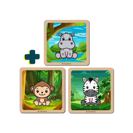 Combo Quebra-Cabeça 4 peças: 3 unidades (Hipopótamo, Macaco e Zebra)
