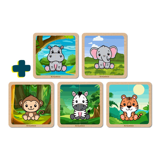 Combo Quebra-Cabeça 4 peças: 5 unidades (Hipopótamo, girafa, macaco, zebra e leão)