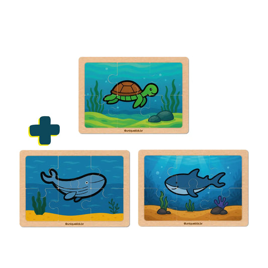 Combo quebra-cabeça 6 peças: 3 unidades (Tartaruga, Baleia e Tubarão)